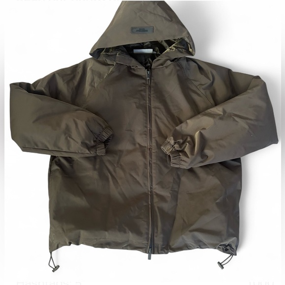 Essentials Fear Of God Brown Hooded Bomber Jacket Medium Spell Out Logo Zip - Picture 2 of 11
